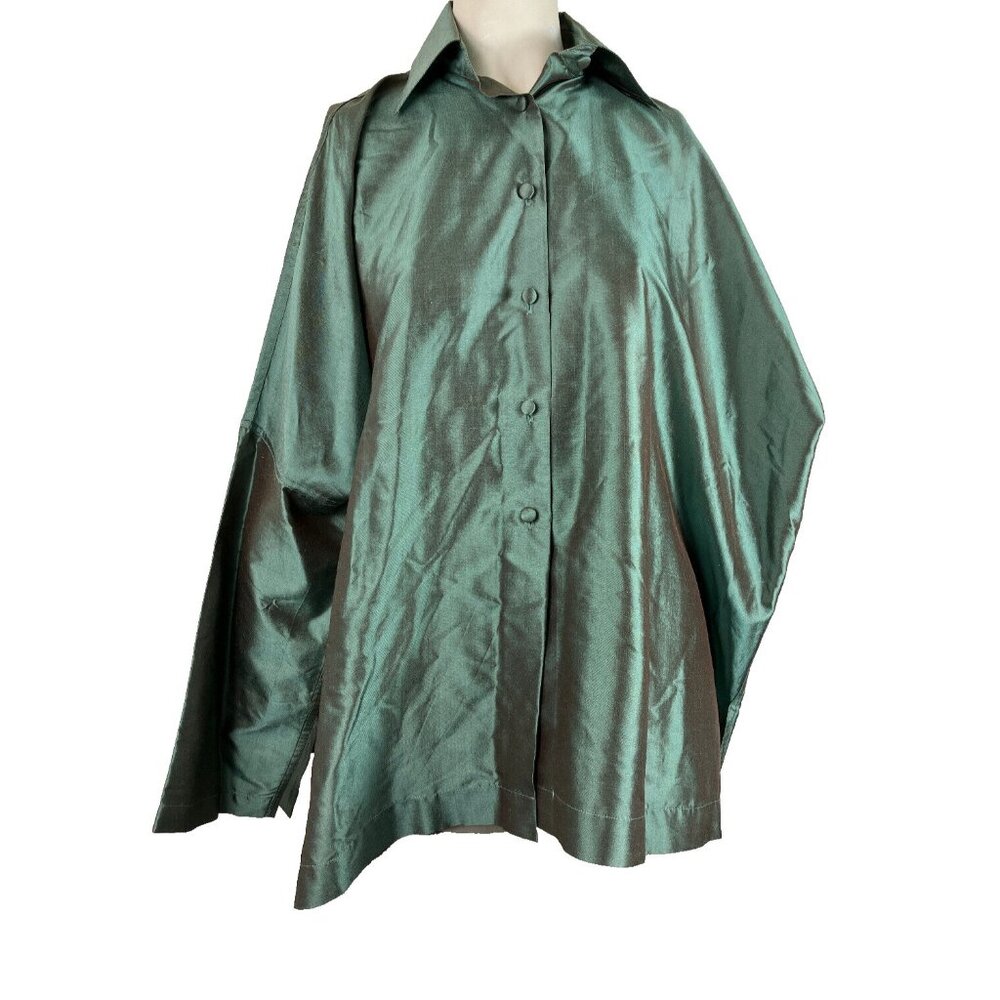 OS Vintage Zina Thai Silk Boxy Drape Button Up Blouse Big Shirt